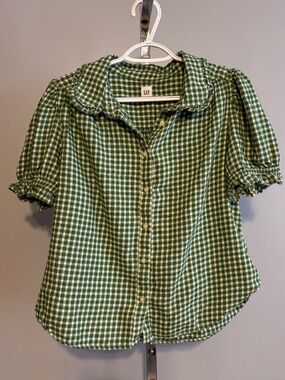 Gap Rounded Collar Shirt Women’s Med Green Plaid Ruffle Preppy Short Sleeve